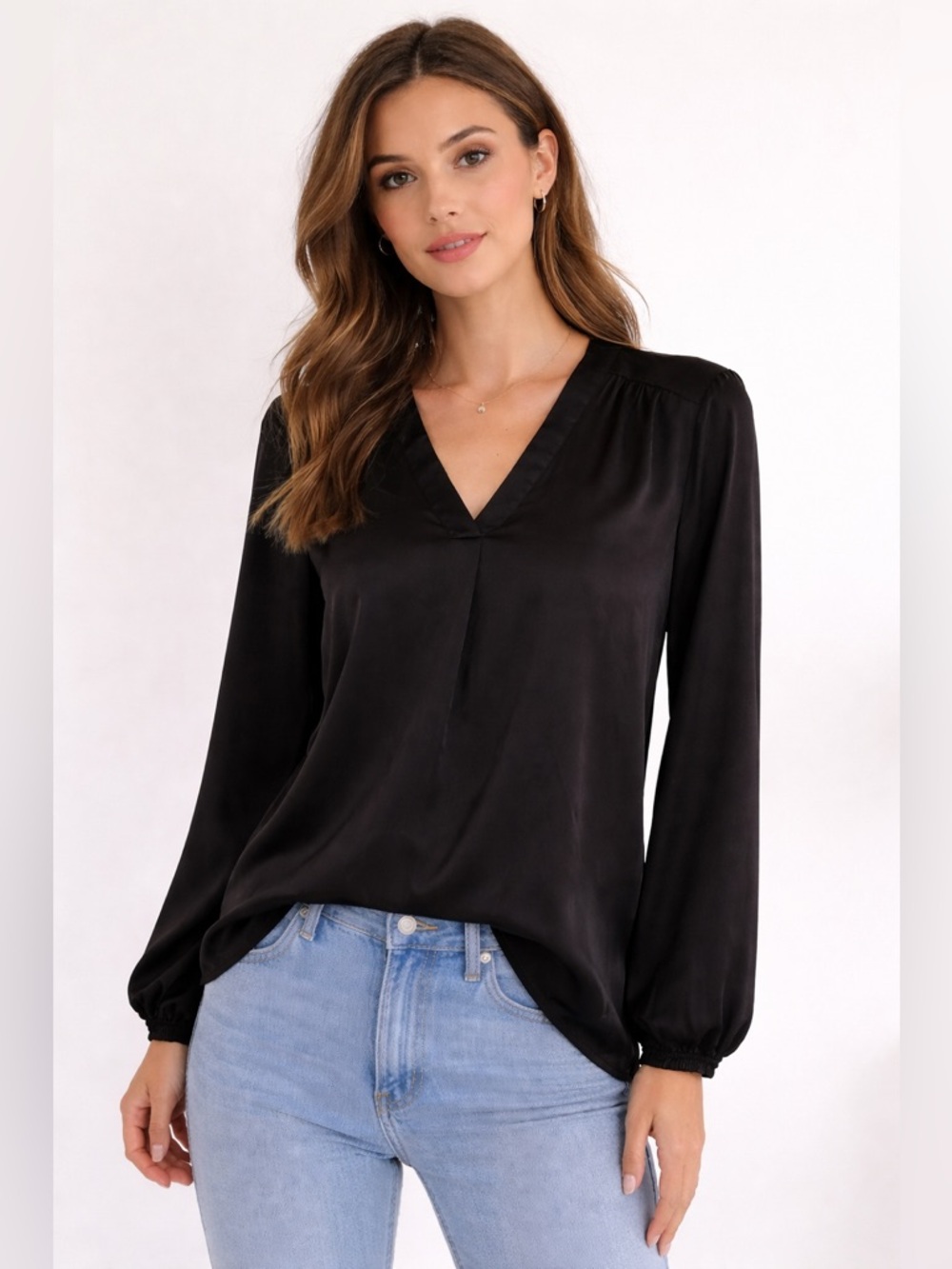 Anne Klein Black V-Neck Long Sleeve Blouse - Flowing Silhouette Size PL